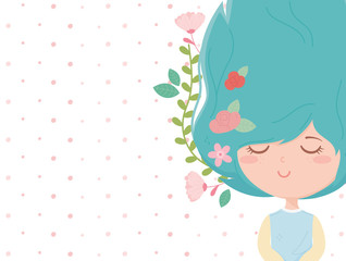 young woman flowers in hair decoration foliage cartoon background