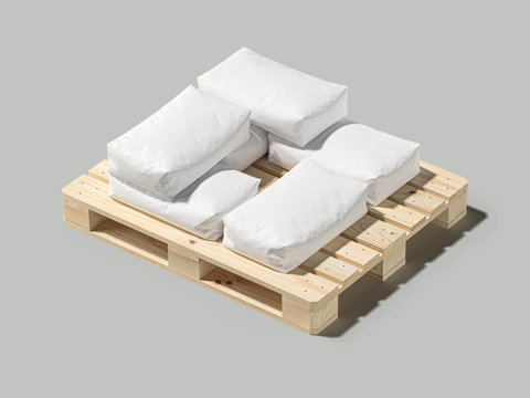 White bag or sack on pallet. Isolated objects on light background. Mockup for design. 3d render