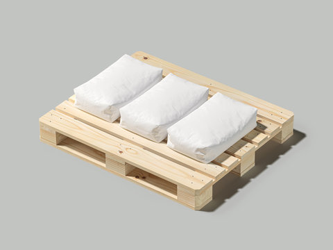 White bag or sack on pallet. Isolated objects on light background. Mockup for design. 3d render