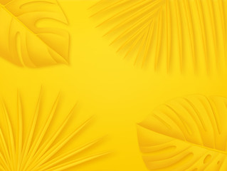 Colorful summer background with copy space. Bright yellow 3d illustration with tropical palm leaves.