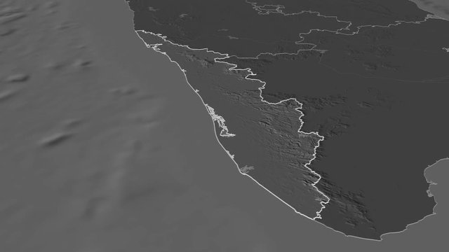 Kerala, state with its capital, zoomed and extruded on the bilevel map of India in the conformal Stereographic projection. Animation 3D