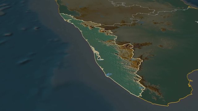 Kerala, state with its capital, zoomed and extruded on the relief map of India in the conformal Stereographic projection. Animation 3D