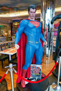 SINGAPORE - CIRCA APRIL, 2019: Superman life-size statue on display at DC Comics Super Heroes Cafe at the Shoppes at Marina Bay Sands in Singapore.