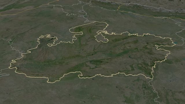 Madhya Pradesh, state with its capital, zoomed and extruded on the satellite map of India in the conformal Stereographic projection. Animation 3D