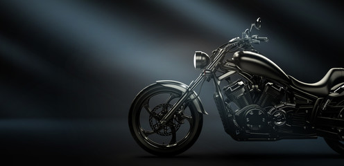 Classic black motorcycle on a dark background, side view (3D illustration) - obrazy, fototapety, plakaty