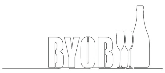 BYOB, bring your own bottle one continuous line drawing style illustration for your design.