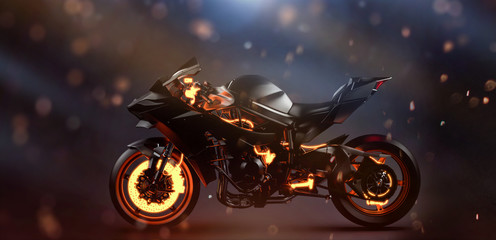 Plakat Futuristic sports motorcycle scene with highlighted brake system (3D Illustration) 