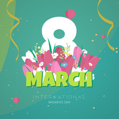 Fototapeta premium International Women's Day. Vector illustration with tulips on a green background for banner, brochure, invitation, flyer, postcard, website. Design template