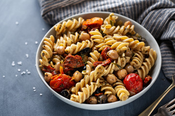 Vegan pasta with vegetables and chickpeas