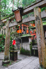Stone torii gate and Fox (kitsune) statue at sanctuary in Fushimi Inari taisha shrine, Kyoto