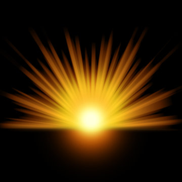 Orange Rays Rising On Dark Background. Gold Sun Lights Shining Isolated On Black.