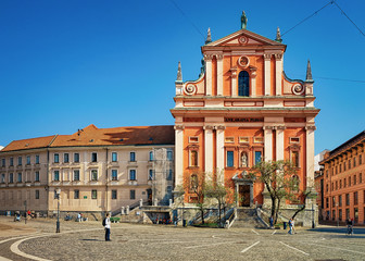 Franciscan Church of Annunciation people on Preseren Square Ljubljana Slovenia