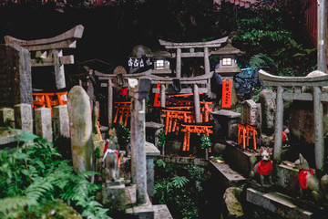 Fox (kitsune) stone statues, torii gates (wood and stone) at sanctuary in Fushimi Inari taisha shrine, Kyoto