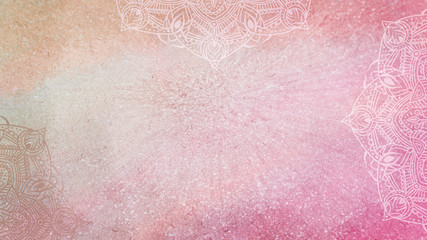 Fototapeta premium Soft rose pink and coral textured glitter and watercolor background with mandalas