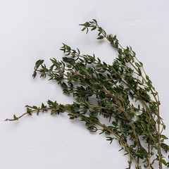 Fresh cut thyme from the garden on a white wooden background