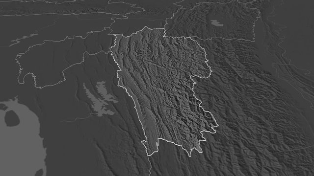 Mizoram, state with its capital, zoomed and extruded on the bilevel map of India in the conformal Stereographic projection. Animation 3D