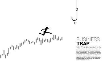 Silhouette of businessman jumping higher on candle graph with fishing hook. Concept of bait and hook in business.