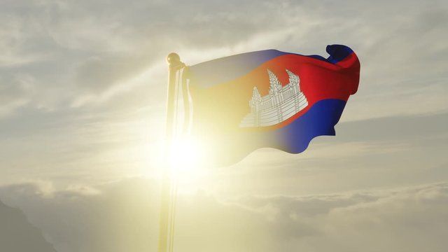 Flag of Cambodia Waving in the wind, Sky and Sun Background, Slow Motion, Realistic Animation, 4K UHD 60 FPS Slow-Motion