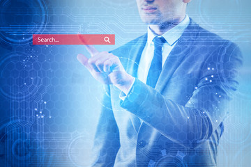 Search concept with businessman pressing button