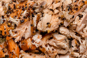 rustic smoked salmon flakes food background