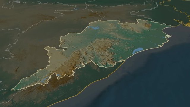 Odisha, state with its capital, zoomed and extruded on the relief map of India in the conformal Stereographic projection. Animation 3D
