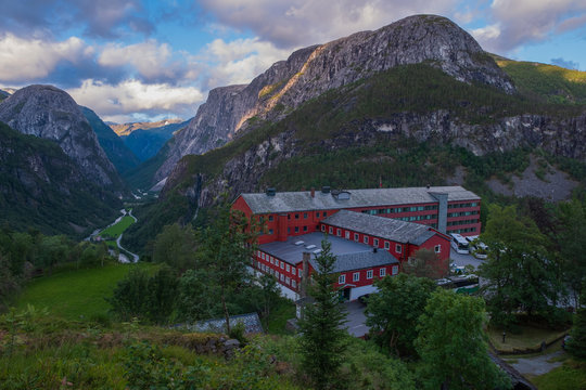Stalheim, Norway - july 2019: Tourists come to the Stalheim hotel to admire the beautiful Naeroydalen valley and peaks in Stalheim, Voss, Norway.