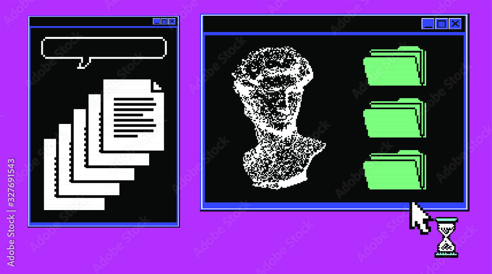 Poster pixel art ilustration with retro 80's ui and ux elements. vaporwave and retrowave style collage.