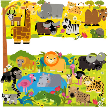 cartoon africa safari scene with different animals by the pond illustration