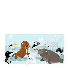 cartoon north pole scene with different animals on ice illustration