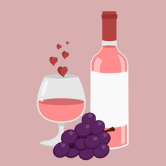 Bottle and glass of red wine and bunch of grapes. Vector illustration