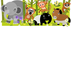 cartoon scene with different asian animals in the forest illustration