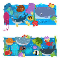 cartoon scene with different sea or ocean animals in the coral reef illustration