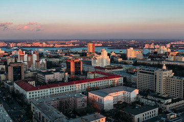 Obraz premium Aerial view of Voronezh downtown in the evening, close up