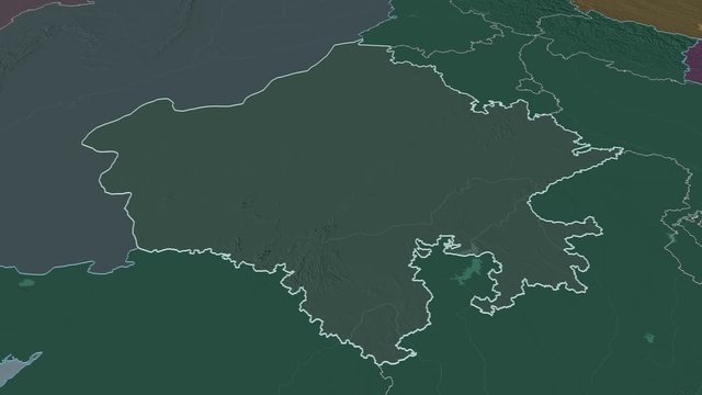 Rajasthan, state with its capital, zoomed and extruded on the administrative map of India in the conformal Stereographic projection. Animation 3D