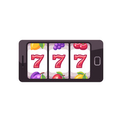 Smartphone with a slot machine on screen. Online slot game flat illustration