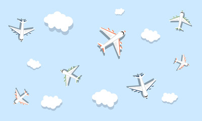 Set of airplanes in the sky and clouds. Vector  illustration