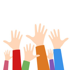 Set of hands isolated on white background. Voting gesture, volunteer concept, raised hands. Vector illustration