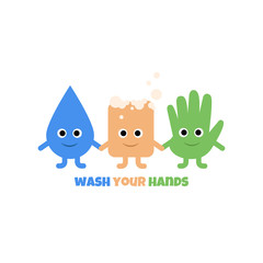 Hand washing with soap. Three happy cute characters like drop of water, soap, hand. Metaphor of cleaning hands. Vector illustration isolated on white background