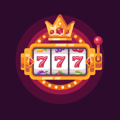 Slot machine with a golden crown. Casino 777 win flat illustration