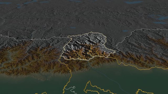 Sikkim, state with its capital, zoomed and extruded on the relief map of India in the conformal Stereographic projection. Animation 3D