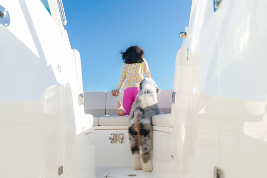 Young girl on the bow of a boat with her puppy