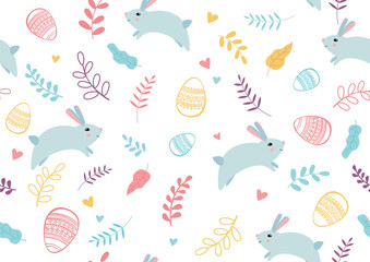 Seamless Easter pattern with cute cartoon bunny rabbit, colorful eggs and spring flowers