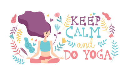 Illustration with yoga girl in pose, flowers and modern handwritten typography in pastel colors