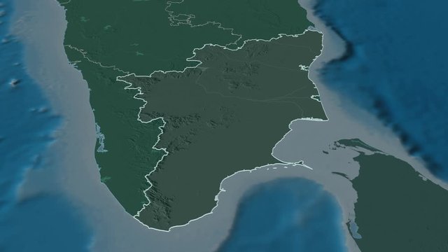 Tamil Nadu, state with its capital, zoomed and extruded on the administrative map of India in the conformal Stereographic projection. Animation 3D