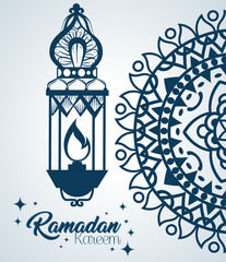 ramadan kareem poster with lantern hanging vector illustration design