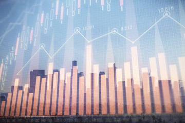 Forex chart on cityscape with skyscrapers wallpaper double exposure. Financial research concept.