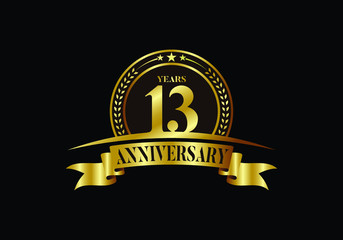13th years anniversary logo template, vector design birthday celebration, Golden anniversary emblem with ribbon. Design for a booklet, leaflet, magazine, brochure, poster, web, invitation or greeting