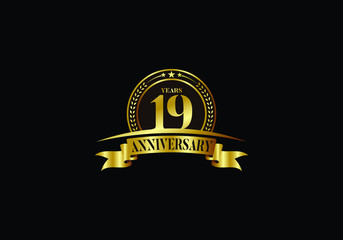 19th years anniversary logo template, vector design birthday celebration, Golden anniversary emblem with ribbon. Design for a booklet, leaflet, magazine, brochure, poster, web, invitation or greeting