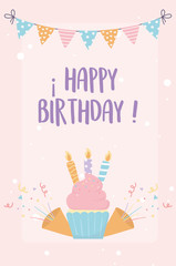 happy birthday cupcake with candles confetti celebration decoration card