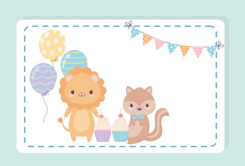 happy birthday lion squirrel cupcakes balloons celebration decoration card